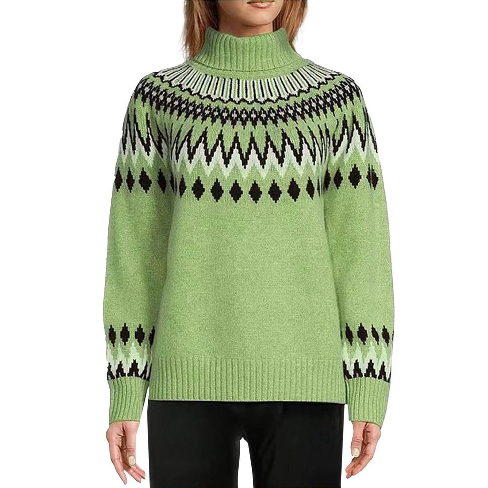 Heevina Fair Isle Sweater Women Turtleneck Womens Sweaters Knit Loose High Neck Long Sleeve Knitted Pullover Top (Blue, Medium)