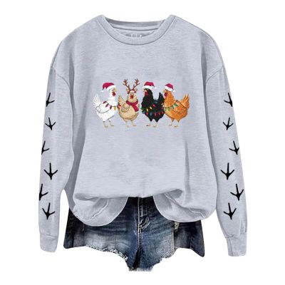 BCDlily Womens Cropped Sweatshirt Women Christmas Sweatshirts Chicken Graphic Crew Neck Pullover Cute Xmas Hat Shirts Thanksgiving Holiday Tops (KB-Light Gray, L)
