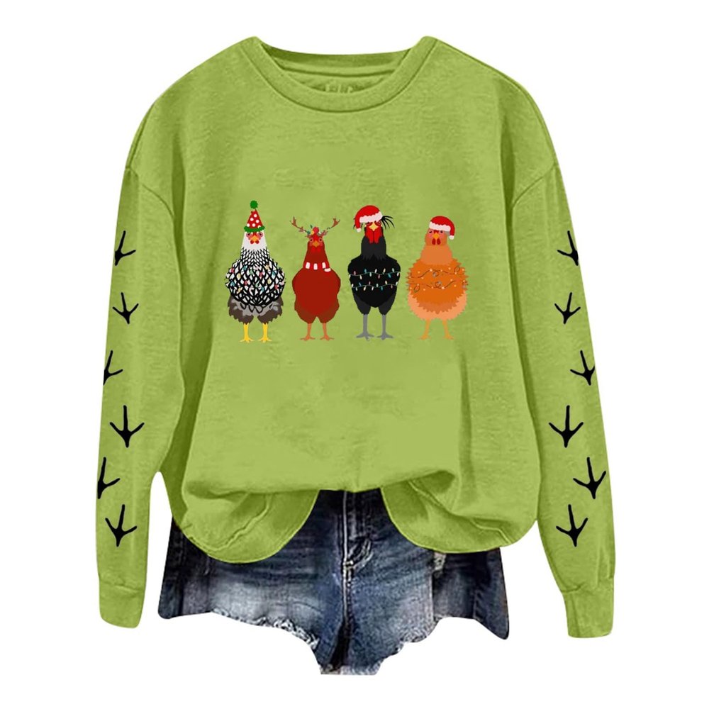 BCDlily Striped Sweatshirt Women Women Christmas Sweatshirts Chicken Graphic Crew Neck Pullover Cute Xmas Hat Shirts Thanksgiving Holiday Tops (KC-Green, L)