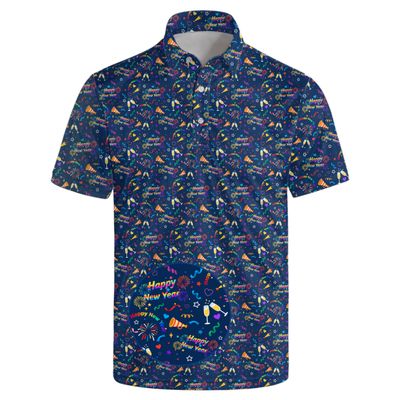 Funny Golf Polo Shirts Happy New Year Quick-Dry Polo Shirts Happy New Year Short Sleeve Golf Shirts Hawaiian Polo Shirts