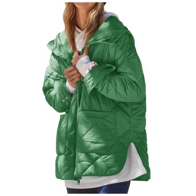 Quilted Jackets for Women Zip Up Diamond Puffer Coat Winter Warm Padded Hooded Slit Down Jacket Outerwear with Pockets Green