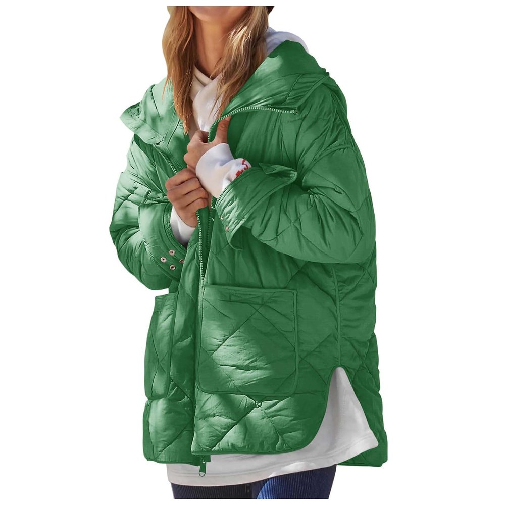 Quilted Jackets for Women Zip Up Diamond Puffer Coat Winter Warm Padded Hooded Slit Down Jacket Outerwear with Pockets Green