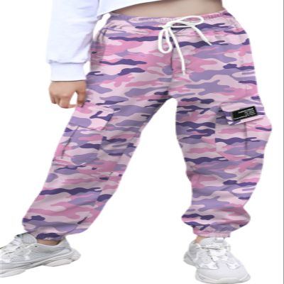 SANGTREE Girl's Cargo Pants Elastic Waist Drawstring Multi Pockets Loose Tapered Cargo Jogger Pants,Camo Pink Purple,13-14 Years Big Kid = Tag 170