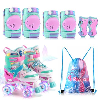 NEMONE Mermaid Roller Skates (Green M) with Protective Gear Set Knee Elbow Wrist Guards Pads for Kids Girls (Green M)