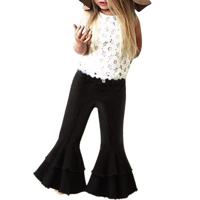 Toddler Baby Girl Denim Flare Pants Kids Ruffled High Waist Bell Bottoms Ripped Jeans Vintage Fall (Black, 3-4 Years)