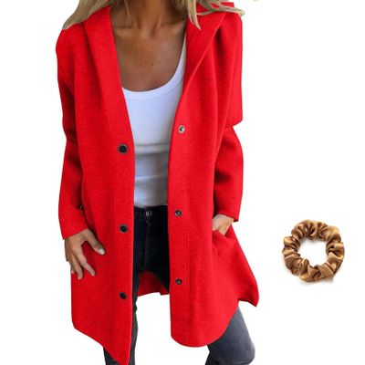 Casual Single Breasted Hooded Jacket for Autumn,Womens Casual Solid Color Coat Jackets Single-Breasted Mid Length (Red,3XL)
