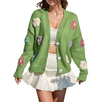 Heevina 3D Flower Cardigan Sweaters for Women Button Sweater Knit V Neck Open Front Loose Pullover Winter (Green, X-Large)