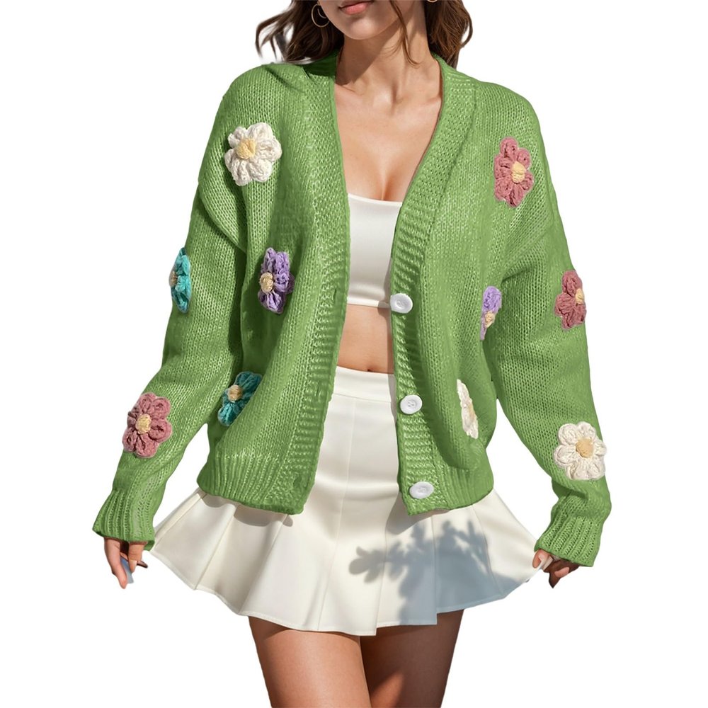 Heevina 3D Flower Cardigan Sweaters for Women Button Sweater Knit V Neck Open Front Loose Pullover Winter (Green, X-Large)