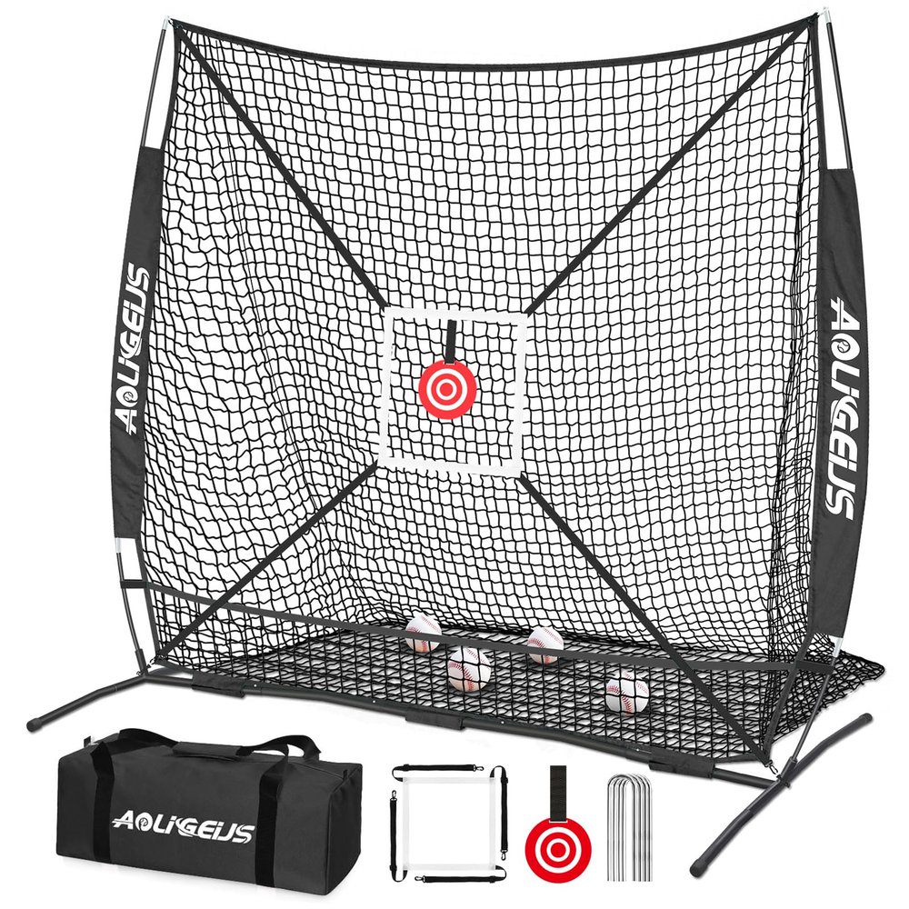 AOLIGEIJS 6'X6' Baseball Softball Practice Net,Pitching Net,Batting Net,with Bonus Strike Zone,Target and Bow Frame,for Hitting,Pitching,Catching