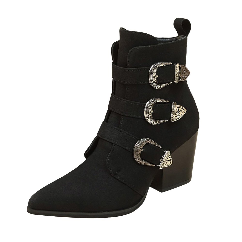 Gothic Boots for Women Pointed Toe Buckle Boots Mid Calf Boots Goth Punk Boots Zip Ankle Western Boots