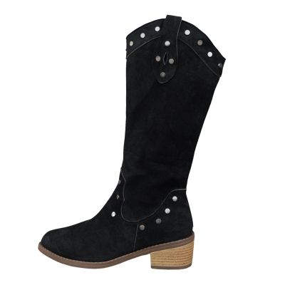 Women Western Cowboy Cowgirl Boots Mid Calf Pull-Up Round Toe Chunky Block Mid Heel Zipper Suede Dress Shoes