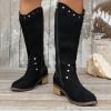 Women Western Cowboy Cowgirl Boots Mid Calf Pull-Up Round Toe Chunky Block Mid Heel Zipper Suede Dress Shoes view 2