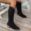Women Western Cowboy Cowgirl Boots Mid Calf Pull-Up Round Toe Chunky Block Mid Heel Zipper Suede Dress Shoes view 3