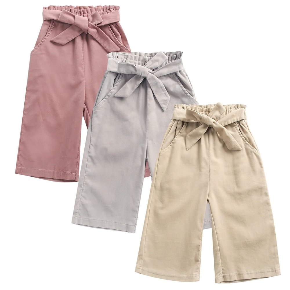 Toddler Baby Girls Wide Leg Cropped Pull-On Pants Infant Girls Solid Bowknot Palazzo Pants with Big (Pink, 18-24 Months)