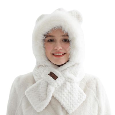 Winter Rabbit Fleece Bear Neck Warmer Hat Women Windproof Ear Warmer Beanies Thick Cycling All-Match Hat Scarf Set of Two (White)