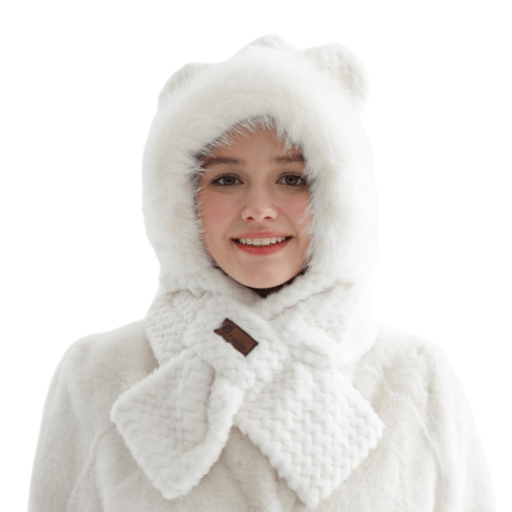 Winter Rabbit Fleece Bear Neck Warmer Hat Women Windproof Ear Warmer Beanies Thick Cycling All-Match Hat Scarf Set of Two (White)