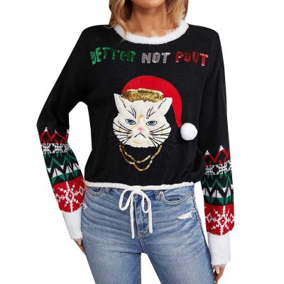 Heevina Christmas Sweaters for Women 2024 Better Not Pout Cat Sequin Sweaters Crewneck Long Sleeve Pullover Winter (Black, Medium)