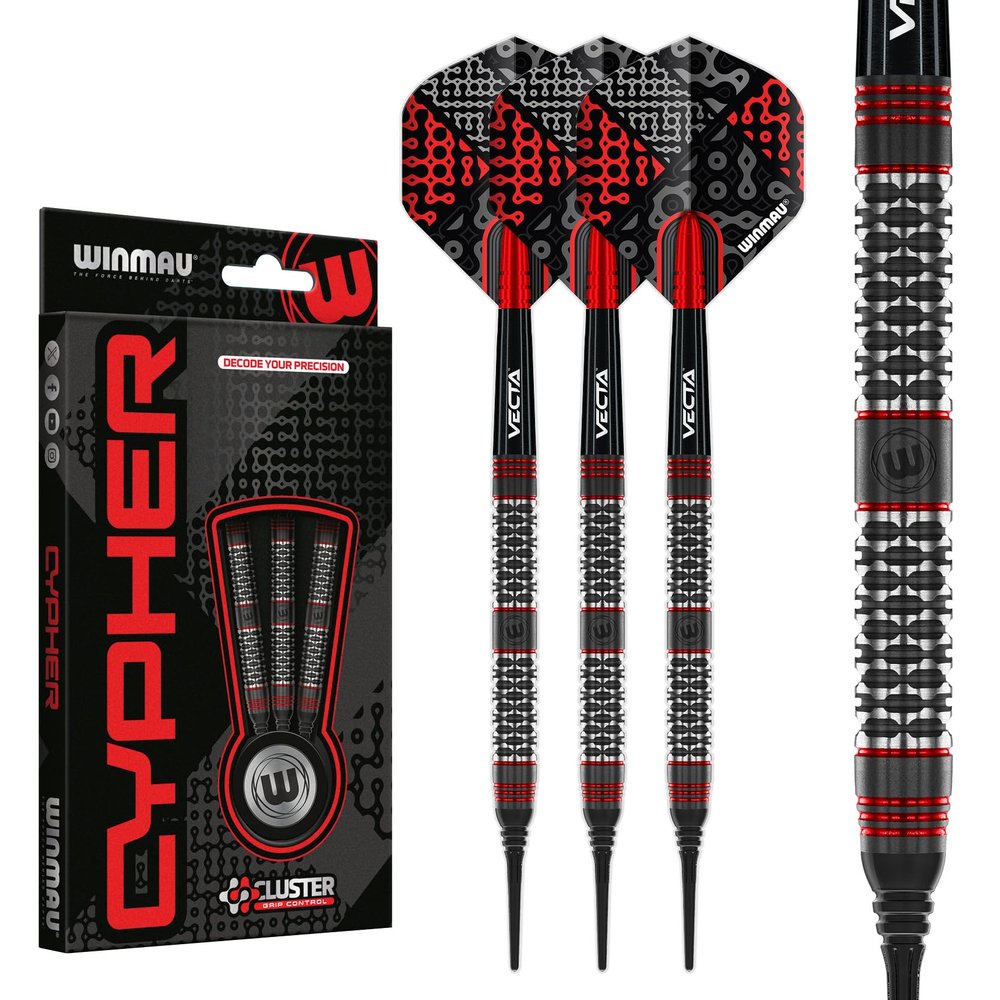 Winmau Darts Cypher 18g Barrel / 20g Full Weight Soft Tip 90% Tungsten Darts Set with Dart Flights and Dart Shafts (Stems)