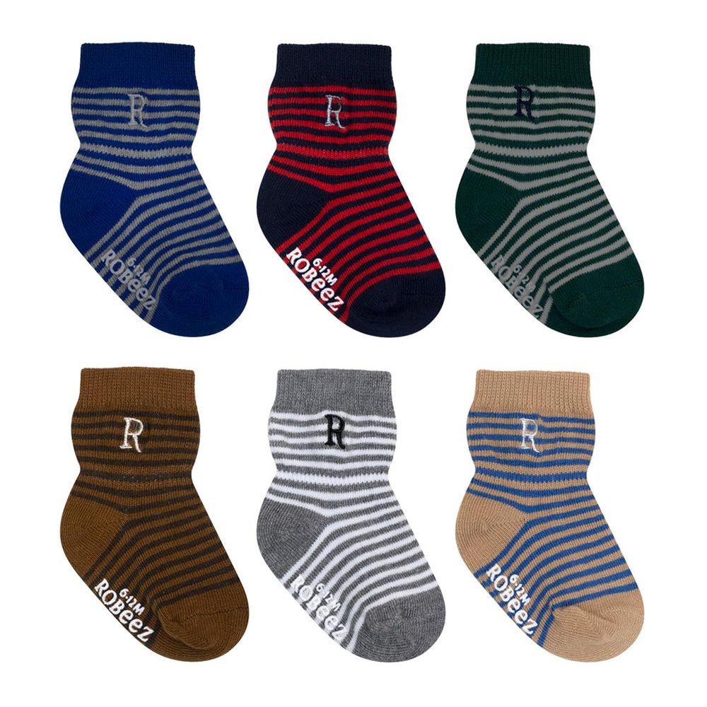 Robeez Baby Boys & Girls Unisex Slip-Resistant Crew Socks for Infant and Toddler, 6 Pairs, Regency Stripe, 0-6 Months