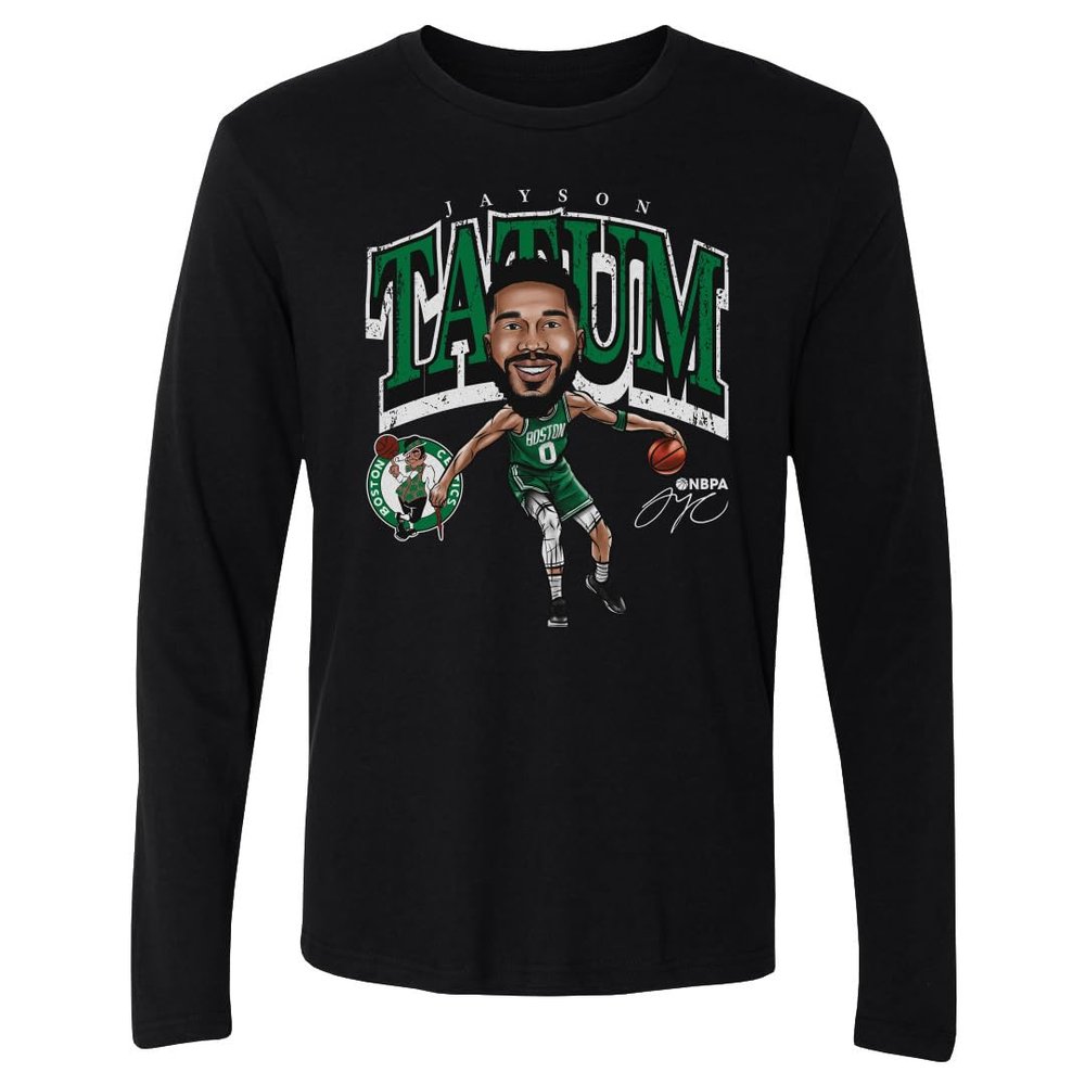 500 LEVEL Jayson Tatum Boston Celtics Long Sleeve Shirt - Jayson Tatum Boston Celtics Cartoon WHT (Black, XX-Large)