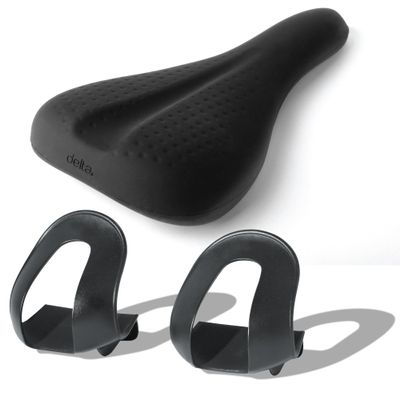 Delta Cycle Foot Fenders Bicycle Toe Clips and HexAir Racing Peloton Seat Cushion Bundle - Bike Pedal Straps for Mountain Bikes, Cruisers Plus Bike Seat Cover with Innovative Hexair Tech