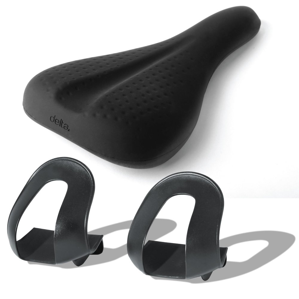 Delta Cycle Foot Fenders Bicycle Toe Clips and HexAir Racing Peloton Seat Cushion Bundle - Bike Pedal Straps for Mountain Bikes, Cruisers Plus Bike Seat Cover with Innovative Hexair Tech