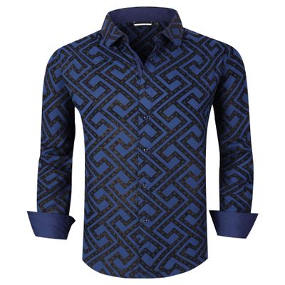 Alex Vando Mens Flocking Dress Shirts Iron-Free Regular Fit Party Button Down Shirt,Navy,M