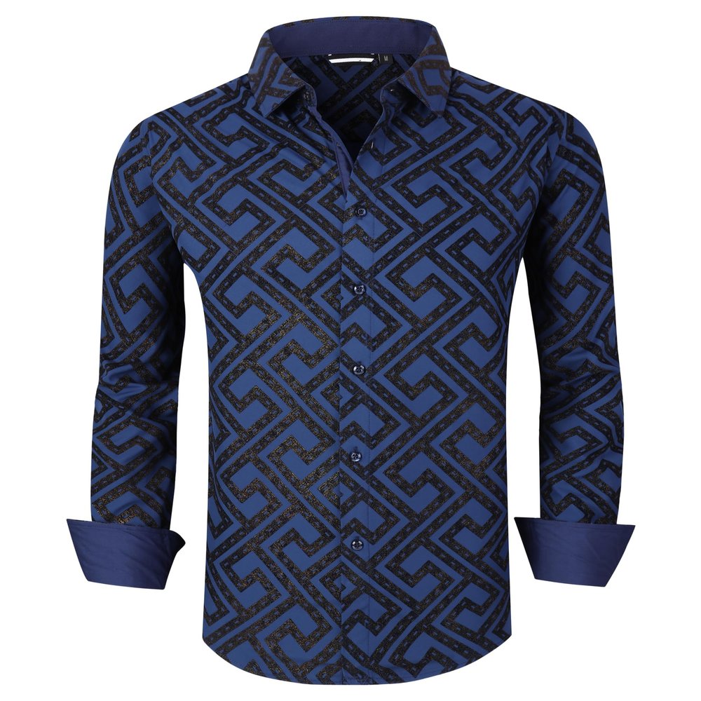 Alex Vando Mens Flocking Dress Shirts Iron-Free Regular Fit Party Button Down Shirt,Navy,M
