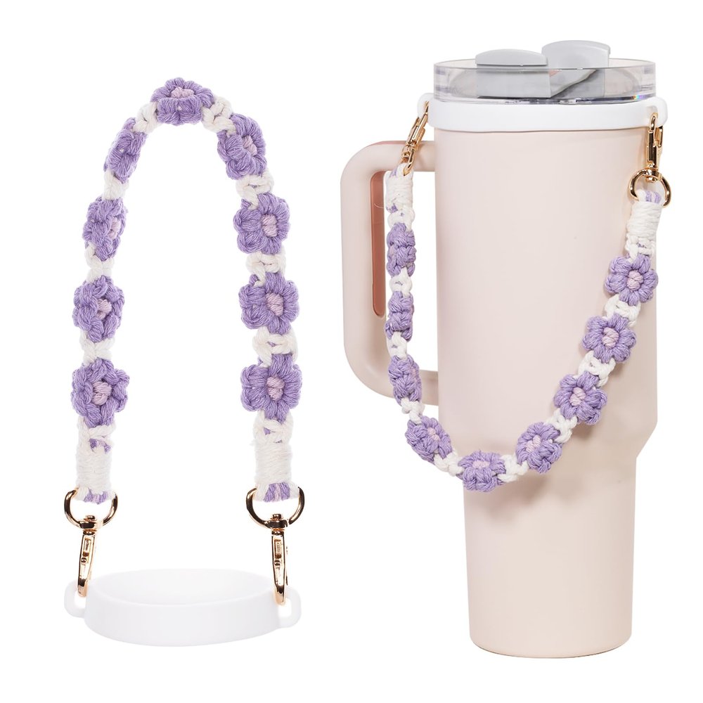 CH.yishi Handmade Stanley Cup Accessories Set Water Bottle Handle Strap, Stanley Cup 40oz & 30oz Tumbler Handle Strap with Daisy Pattern, White-Purple