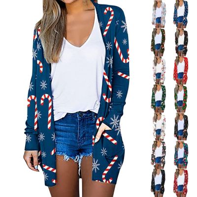 PETYCZEN Christmas Cardigan for Women 2025 Cute Xmas Tree Print Long Sleeve Open Front Lightweight Cardigan Jackets Ugly Christmas Holiday Sweaters Plus Size Knit Winter Coats with Pockets A-Blue M