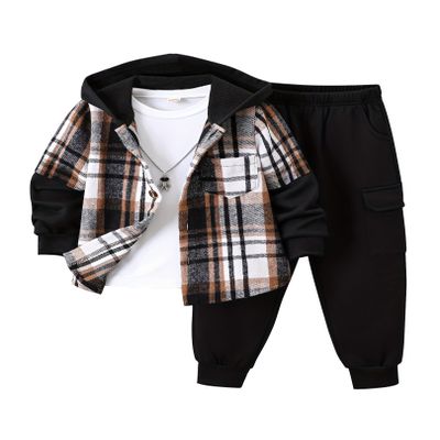 Fdqin Boys Hood Flannel Plaid Top Pants Set Long Sleeve Button Down Plaid Fleece Shacket and Sweatpants Outfits Set Black 11-12Year