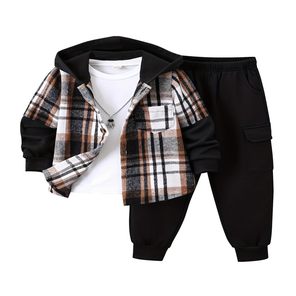Fdqin Boys Hood Flannel Plaid Top Pants Set Long Sleeve Button Down Plaid Fleece Shacket and Sweatpants Outfits Set Black 11-12Year