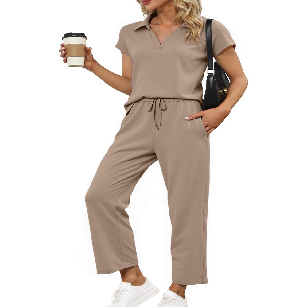 Glamaker Women 2 Piece Loung Set Summer Polo V Neck Top Pant Two Piece Sweatsuit Casual Sweat Suit Loose Matching Outfit(Coffee Grey,X-Large)