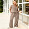Glamaker Women 2 Piece Loung Set Summer Polo V Neck Top Pant Two Piece Sweatsuit Casual Sweat Suit Loose Matching Outfit(Coffee Grey,X-Large) view 2