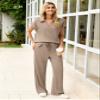 Glamaker Women 2 Piece Loung Set Summer Polo V Neck Top Pant Two Piece Sweatsuit Casual Sweat Suit Loose Matching Outfit(Coffee Grey,X-Large) view 4
