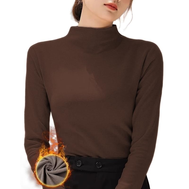 Freaswind Dralon Turtleneck Solid Color Tops for Women Autumn Winter Thickened Thermal Underwear Inner Warm Long-Sleeved Shirt Coffee