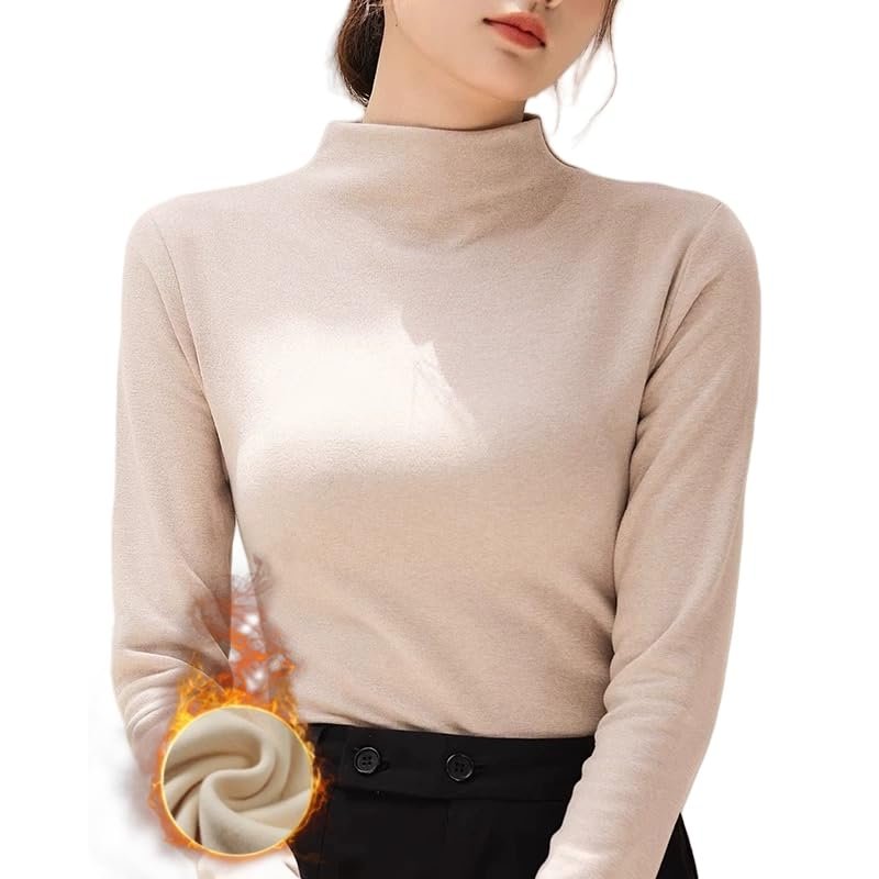 Freaswind Dralon Turtleneck Solid Color Tops for Women Autumn Winter Thickened Thermal Underwear Inner Warm Long-Sleeved Shirt Khaki