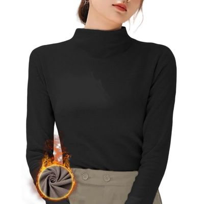 Freaswind Dralon Turtleneck Solid Color Tops for Women Autumn Winter Thickened Thermal Underwear Inner Warm Long-Sleeved Shirt Black