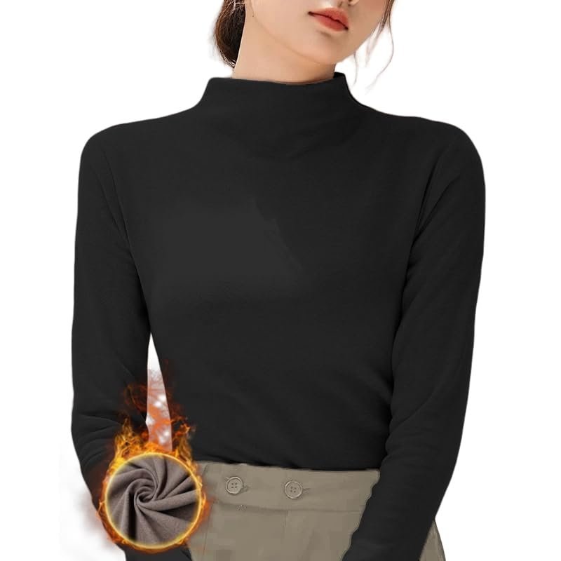 Freaswind Dralon Turtleneck Solid Color Tops for Women Autumn Winter Thickened Thermal Underwear Inner Warm Long-Sleeved Shirt Black
