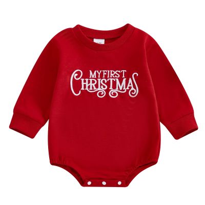 FIOMVA My First Christmas Baby Boy Outfit Newborn Bubble Romper Sweatshirt Infant Girl Knit Sweater Fall Winter Clothes (J My First Christmas Red,12-18 Months)