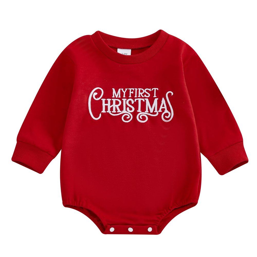 FIOMVA My First Christmas Baby Boy Outfit Newborn Bubble Romper Sweatshirt Infant Girl Knit Sweater Fall Winter Clothes (J My First Christmas Red,12-18 Months)