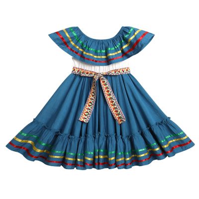 ABEHIK Mexican Dress for Girls Embroidered Traditional Folklorico Drape Dress with Belt Summer Off Shoulder Vestidos Rainbow Ruffle Cinco de Mayo Fiesta Birthday Party Dresses Blue 6-7 Y
