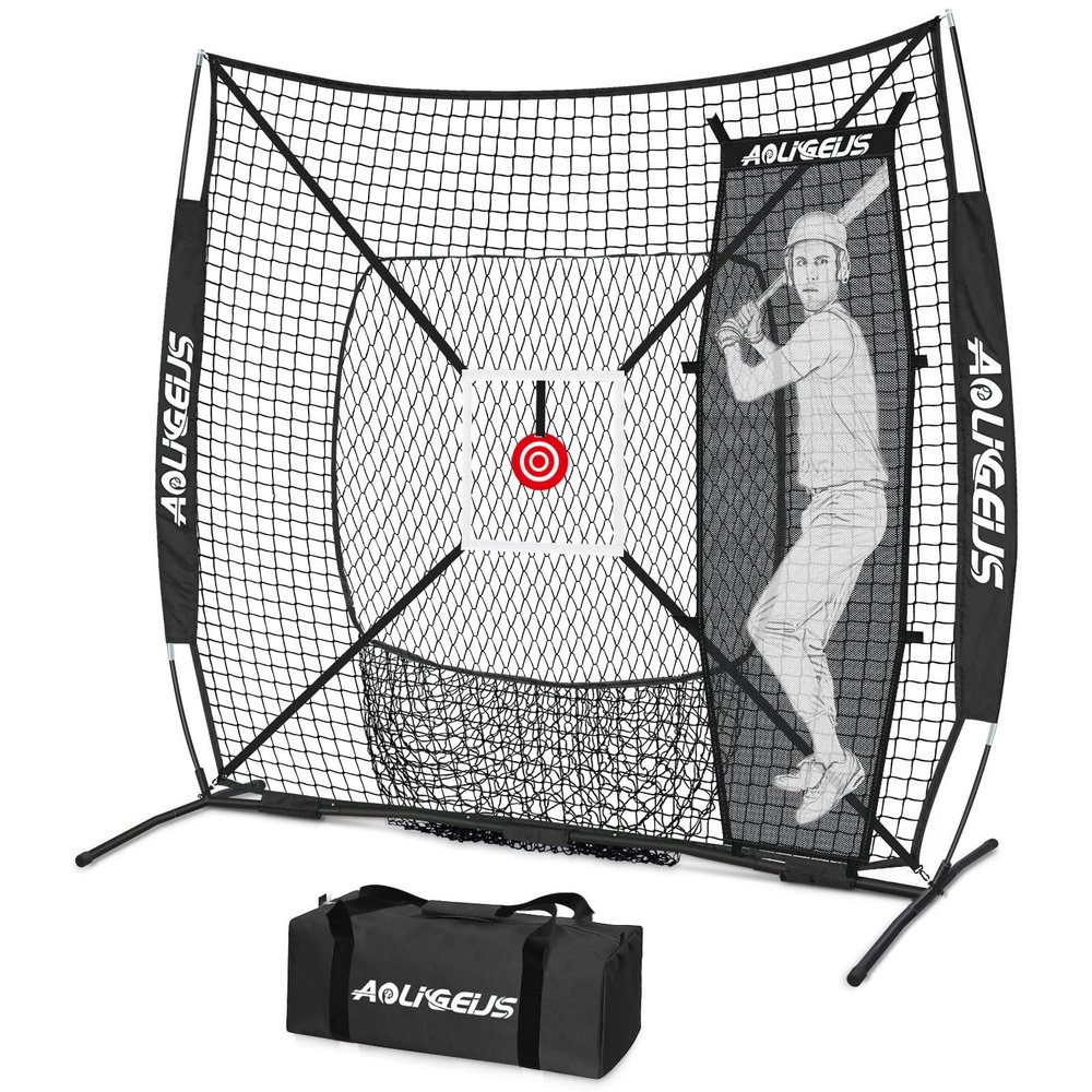 AOLIGEIJS 6'X6' Baseball Softball Practice Net,Pitching Net,Batting Net,with Bonus Strike Zone,Target and Bow Frame,for Hitting,Pitching,Catching