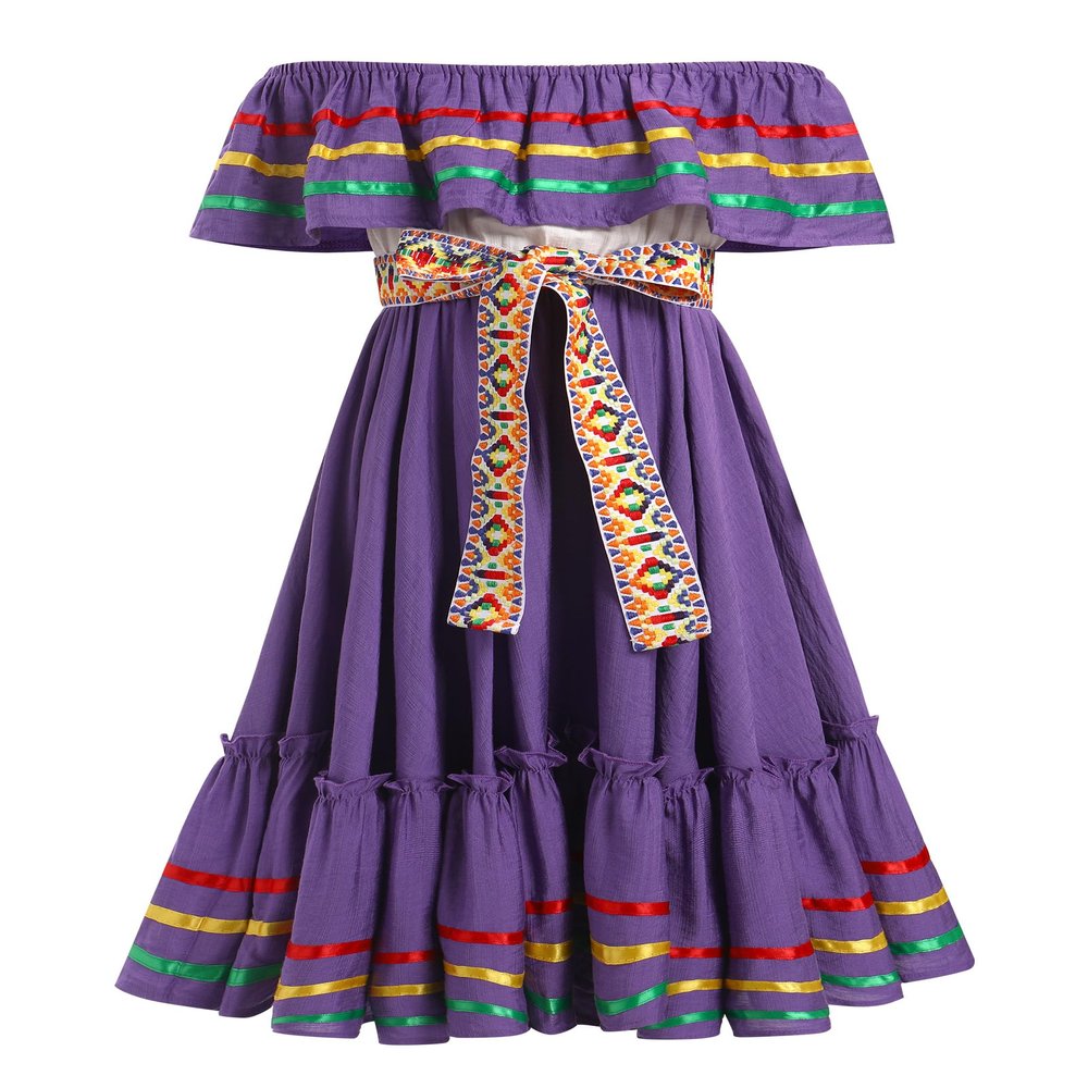 ABEHIK Mexican Dress for Girls Embroidered Traditional Folklorico Drape Dress with Belt Summer Off Shoulder Vestidos Rainbow Ruffle Cinco de Mayo Fiesta Birthday Party Dresses Purple 6-7 Y