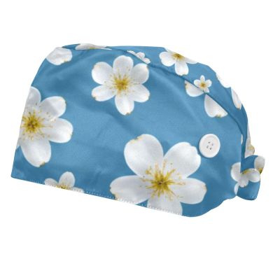 2 Pieces Scrub Caps Women Scrub Caps Women Satin Lined Nursing Scrub Caps for Hospital Flowers White
