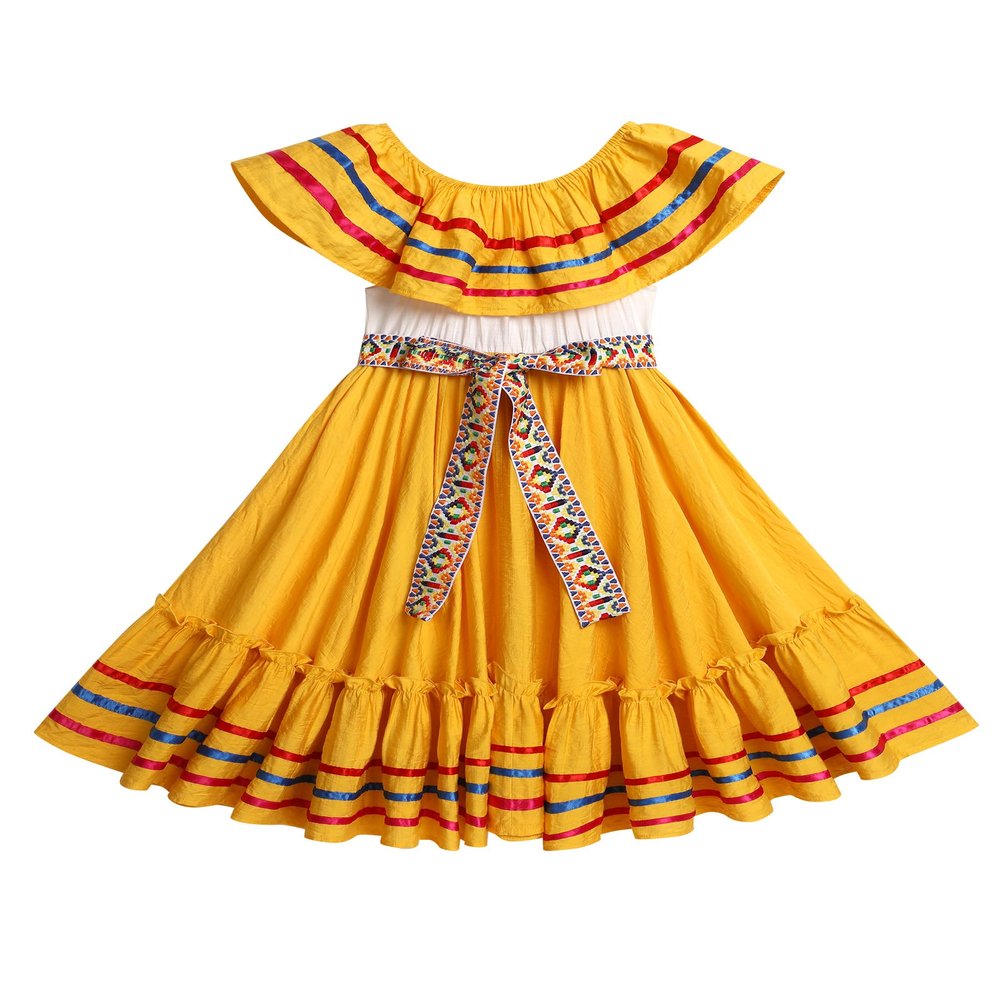 ABEHIK Mexican Dress for Girls Embroidered Traditional Folklorico Drape Dress with Belt Summer Off Shoulder Vestidos Rainbow Ruffle Cinco de Mayo Fiesta Birthday Party Dresses Yellow 5-6 Y