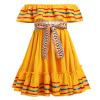 ABEHIK Mexican Dress for Girls Embroidered Traditional Folklorico Drape Dress with Belt Summer Off Shoulder Vestidos Rainbow Ruffle Cinco de Mayo Fiesta Birthday Party Dresses Yellow 5-6 Y view 4