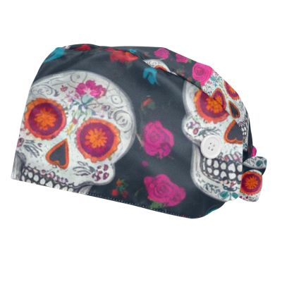 2 Pieces Scrub Caps Women Womens Scrub Cap Surgical Caps for Beauty Salon Skull Flowers Multicoloured