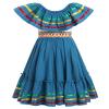 ABEHIK Mexican Dress for Girls Embroidered Traditional Folklorico Drape Dress with Belt Summer Off Shoulder Vestidos Rainbow Ruffle Cinco de Mayo Fiesta Birthday Party Dresses Blue 5-6 Y view 3