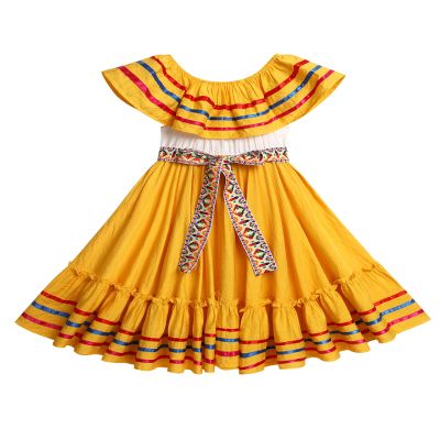 ABEHIK Mexican Dress for Girls Embroidered Traditional Folklorico Drape Dress with Belt Summer Off Shoulder Vestidos Rainbow Ruffle Cinco de Mayo Fiesta Birthday Party Dresses Yellow 6-7 Y
